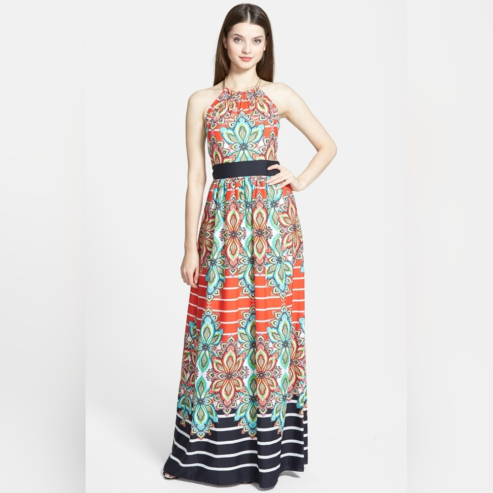 Eliza J. Floral Stripe Crêpe de Chine Halter Maxi Dress Womens Size 10 P…